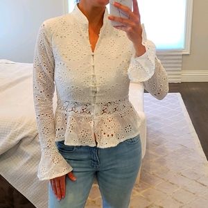 WOMEN'S SIMPLEE EYELET WHITE LACE TOP BLOUSE SHIRT